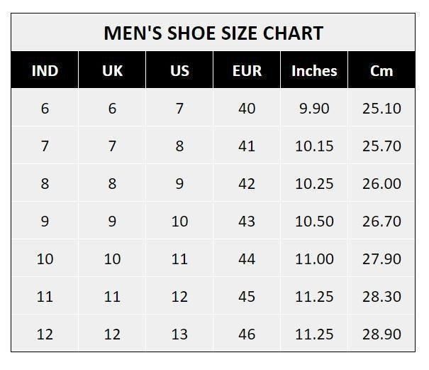 Smart Formal Shoes size chart