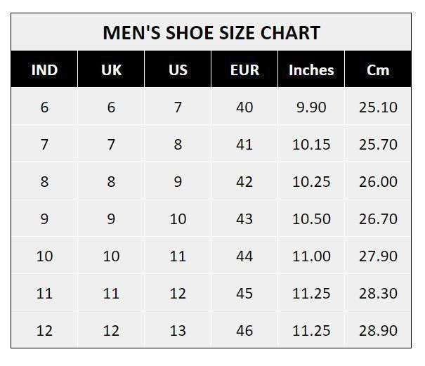Men's Stylish Casual Shoes size chart