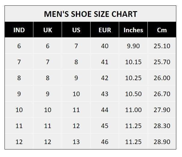 Casual Shoes for Men size chart