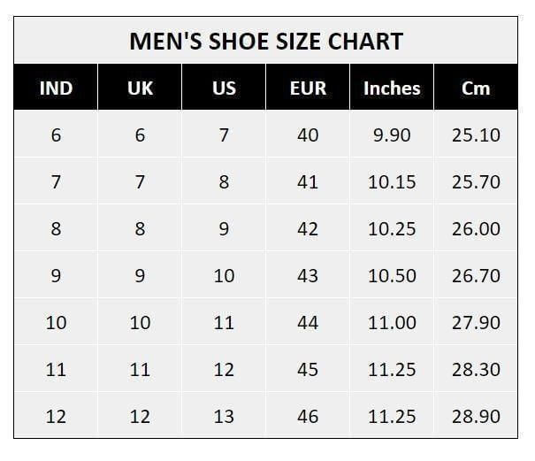 Smart Formal Shoes size chart