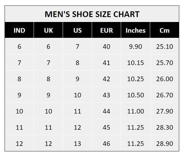Smart Formal Shoes size chart