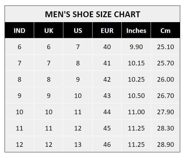 Daily Wear Casual Shoes size chart