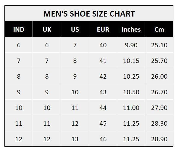 Daily Wear Casual Shoes size chart